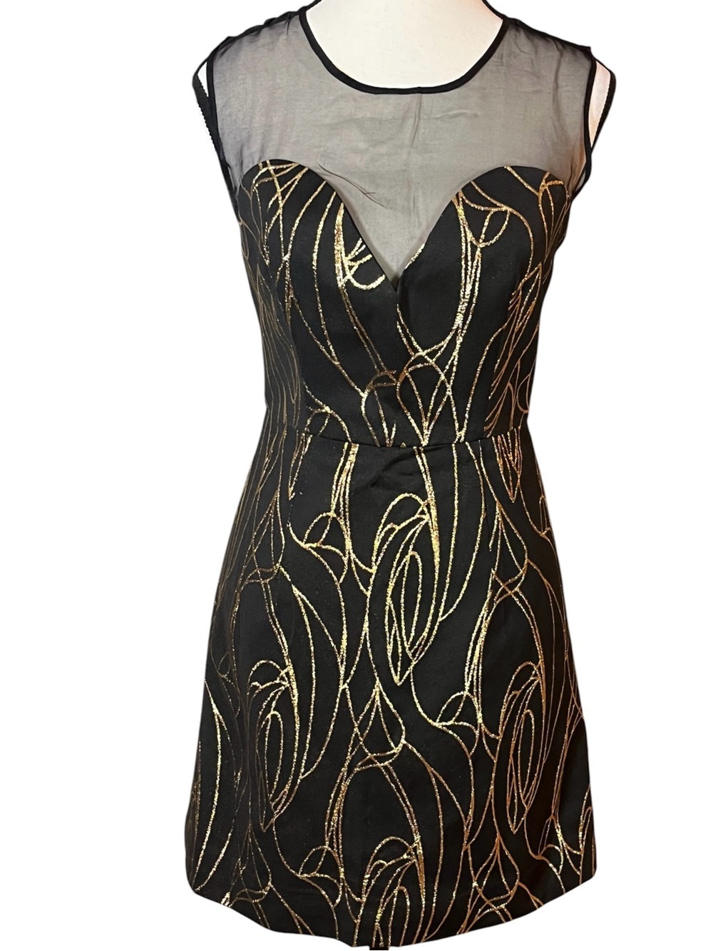 MILLY Black & Gold Mini Dress Sheath Sheer Neckline Womens Size 2 Cocktail Party